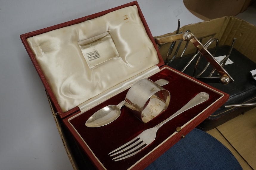 Assorted silver and plated wares including a Danish white metal mounted cigarette box, 10.2cm, six cased sets including six silver coffee spoons, five mother of pearl handled silver butter knives, six silver pistol handl